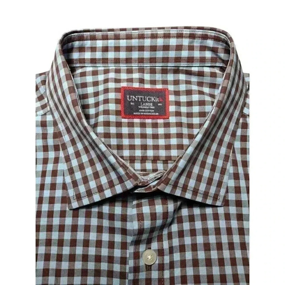 Untuckit Long Sleeve Button Front Shirt Gingham Check Performance Nylon L Men’s - Picture 6 of 11